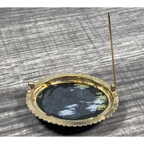 Vintage Oval Black Snowflake Obsidian Cabochon Gold Tone Brooch Pin - Picture 8 of 10